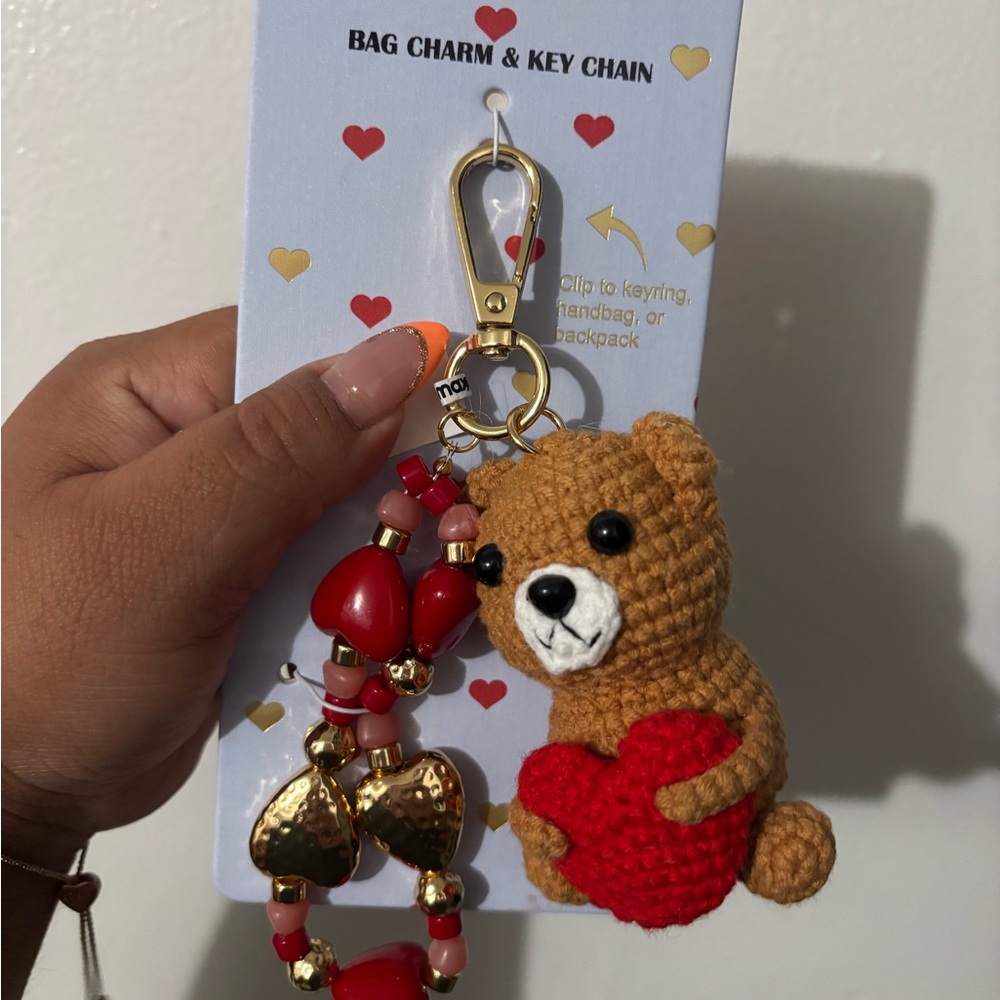 Piper K Brown and Red Crochet Teddy Bear Bag Charm